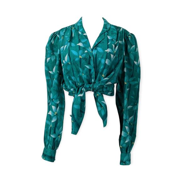 Vintage Teal Hawaiian Print BLAIR 70s Blouse - Picture 1 of 10